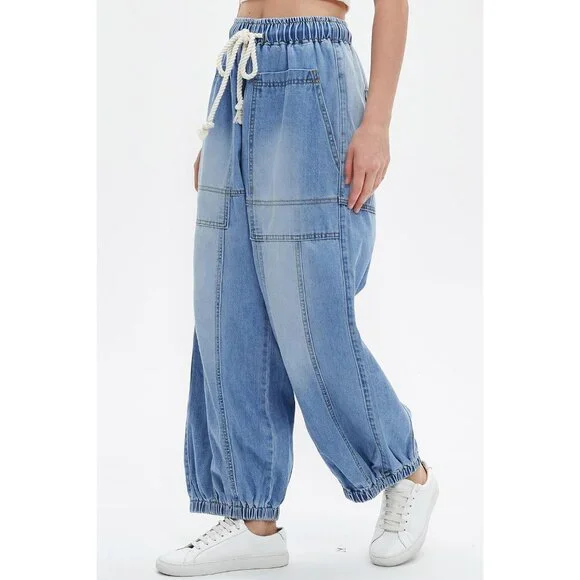 Women Loose Fit Cotton Denim Jeans Casual Wide Leg Drawstring Pants